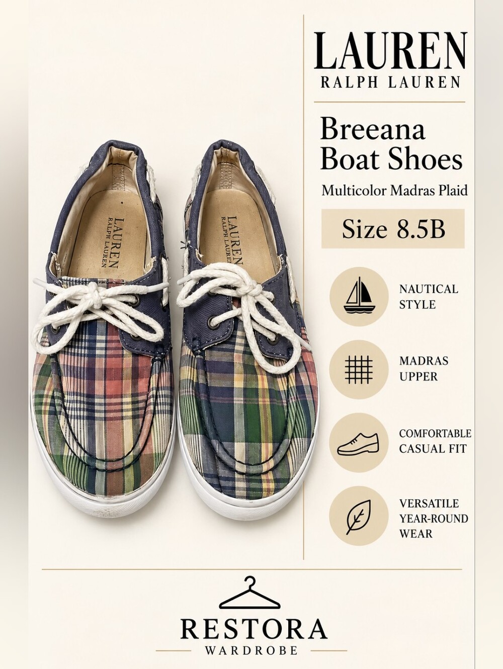 Lauren Ralph Lauren Boat Shoes Multicolor Breeana Madras Plaid Preppy 8.5B